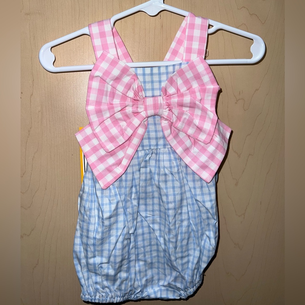 Babeeni Pink and Blue Gingham Baby one piece with Bow in front New with tags